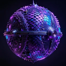 a photo of 8k ultra realistic sphere spaceship made of gigantic dragon scales, purple and blue neon, cinematic lighting, trending on artstation, 4k, hyperrealistic, focused, extreme details, unreal engine 5, cinematic, masterpiece