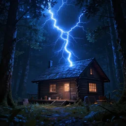 a ultra realistic blue lightning arc over a cabin in the wood, by night. complex, highly detailed, unreal engine 5, 8 k render