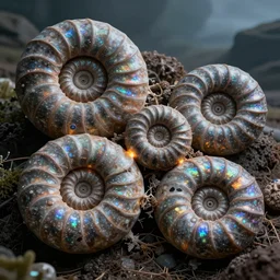 magnificent ammolites, spirals, ammonites, cinematic, ultrasharp hyperdetailed octane render, concept art, iridescent, beautifully lit, alien landscape, otherworldly, spirals