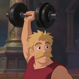 animation still frame of an athletic blond man with a blond mustache, he lifts a big dumbbell high angle closeup portrait, blurry background of an old monument, disney, pixar, bloom, medium shot, dramatic lighting, in the style of studio ghibli, j. c. leyendecker, greg rutkowski, artgerm