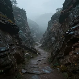 pathway canyon in between mountains, mist, dark, unreal engine, high detail, realism, award winning, detailed lighting