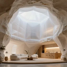 inside organic wood home made of sandstone. translucent white inflatable fabric. very tall living room and kitchen. geodesic cellular geometry. architectural photography. unreal engine, 4 k, 8 k. volumetric lighting.