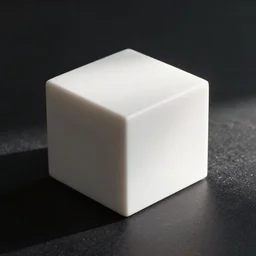 a white cube on a black hard surface. perspective view. light from right side