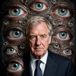 !!! rupert murdoch!!! with!! a million eyes!!, photorealistic, cinematic lighting, highly detailed, very intricate, by guillermo del toro and hr giger