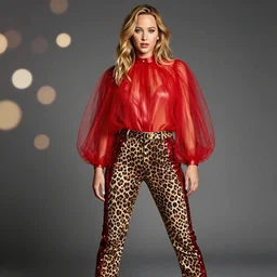 A studio photo in the Style of Annie Leibovitz of Jennifer Lawrence wearing Leopard pants with red sequins down sides and red tulle leather blouse , bokeh, 90mm, f/1.4