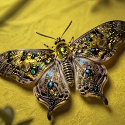 high quality close-up photo gothic iridescent moth! jewelled gorgeous! highly detailed david ligare elson peter cinematic yellow neon lighting high quality low angle hd 8k sharp shallow depth of field
