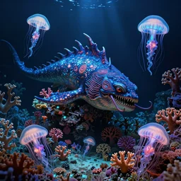 nightmare leviathan by zdzisław beksinski, ed binkley, and wayne barlow, bioluminescent, colorful coral reef, jellyfish, ai biodiversity, photorealistic ultrasharp hyperdetailed octane render, art forms from nature by ernst haeckel