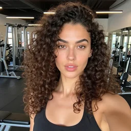 female influencer mona lisa face in gym instagram selfie photo staring at camera with curly hair in gym photo # gym # photography # beauty