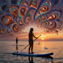paddleboarding at sunset, by fiona staples and dustin nguyen, peter elson, alan bean, wangechi mutu, metallic colors, fractals, deepdream, oxidized copper, led light, highly detailed and intricate, psychedelic, sharp focus,
