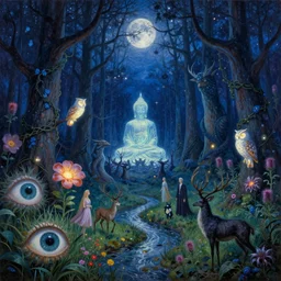 painterly dreamy Kupala Night in the blue forest with trees, giant eyes in the grass, giant flowers, glowing owls, deers, women, lianas, thistles, giant fantasy creatures, a stream and sky with moon and stars, glowing Buddha in the center of the forest in the moment of enlightenment, by Beksinski, Alex Grey, Aron Wiesenfeld and Giger dark fantasy, witcher, very detailed oil painting in the alla prima style, masterpiece, 8k
