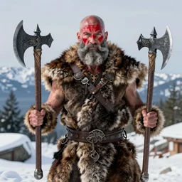 vfx movie tough bald man in furs, natural grizzled skin, streaks of red face paint grey beard, dual wielding detailed viking war axes, in snowy tahoe by emmanuel lubezki