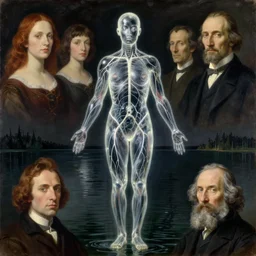 human body made of transparent glass with visible nervous system floating over the dark lake. painting by karl blossfeldt, agnes pelton, rene magritte, walton ford, caspar david friedrich