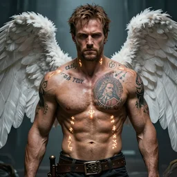 muscular Sam Winchester as an angel with religious tattoos on chest and neck, with glowing runes on the body, urban fantasy book cover style, D&D dark fantasy style, sharp focus, ultra detailed, art by Artgerm and Peter Andrew Jones, Karol Bak, Ayami Kojima, Amano and Olivier Ledroit