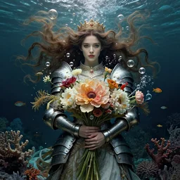 portrait of a beautiful mysterious woman in armour, holding a bouquet of large flowing flowers, bubbles, upward flowing long hair, hands disappeared under the bouquet, underwater with coral and fish, fantasy, regal, intricate, by stanley artgerm lau, greg rutkowski, thomas kinkade, alphonse mucha, loish, norman rockwell
