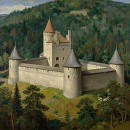 landscape of a large fortress in a pine forest, well lit, detailed, cinematic lighting, pre - raphaelite, oil painting