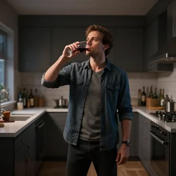 man standing in kitchen late at night drinking red wine, realistic artstyle, wide shot, dramatic lighting, octane render, hyperrealistic, high quality, highly detailed, hd, beautiful, cinematic, 8 k, unreal engine, facial accuracy, symmetrical