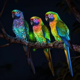realistic photo of colorful glowing parrots sitting on tree at dark night, very sharp focus, very hyper realistic, art of greg rutsowski, highly detailed, fantasy art station