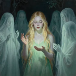 Painting of Elle Fanning at a seance surrounded by ghosts, long blonde hair, delicate, pale milky white porcelain skin, spectral green glow, by Leyendecker and Norman Rockwell