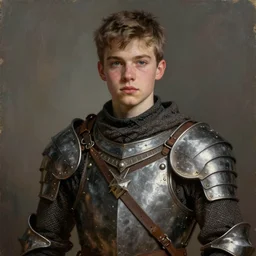 portrait painting of a young male teen wearing shoddy medieval leather armor, sharp focus, award - winning, trending on artstation, masterpiece, highly detailed, intricate. art by rebecca guay