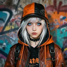 highly detailed portrait of a sewer punk lady student, blue eyes, leather hoodie, hat, white hair by atey ghailan, by greg tocchini, by james gilleard, by kaethe butcher, by greg tocchini, gradient orange, black, brown and cyan color scheme, grunge aesthetic!!! ( ( graffiti tag wall background ) )