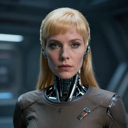 panorama of a very pretty blond borg queen on a borg ship, cybernetic implants, perfect face, symmetrical face, moody lighting, shallow depth of field, artstation concept,