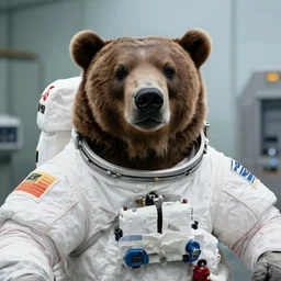 giant grizzly bear in spacesuit as astronaut on selfie