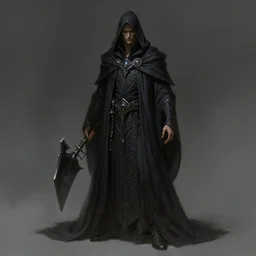 male necromancer, full body shot, hood, d & d, horror, darkness, fantasy, intricate, elegant, highly detailed, digital painting, artstation, concept art, matte, sharp focus, illustration, hearthstone, art by artgerm and piotr jablonski
