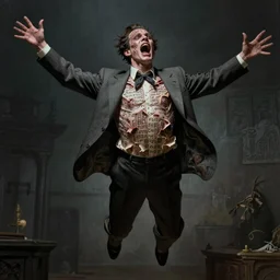 photorealistic horrifying image of a screaming man in a 1 9 2 0 s suit with his arms out and body suspended in the air with thamudic writing on his skin, skin is peeling off in rolls, by richard corben, atmospheric lighting, dark, brooding, painted, intricate, ultra detailed, well composed, best on artstation, cgsociety, epic, stunning, gorgeous, intricate detail, much wow, masterpiece, cinematic aesthetic octane render, 8 k hd resolution,