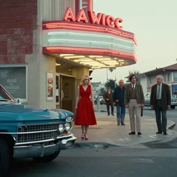 street view in america of kathryn newton. woman in red dress entering a cadillac parked outside a cinema, from 1 9 6 8, california. scorsese, wes anderson, kodachrome, fred herzog. small steam from vents lit by neon signs. epic view. cinestill film tones, by chesley bonestell, vincent di fate