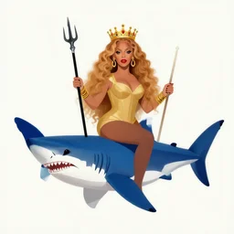 Memphis abstract minimal art, regal portrait of Beyonce riding a great white shark with a trident,  inspired by Andy Warhol and Daft Punk