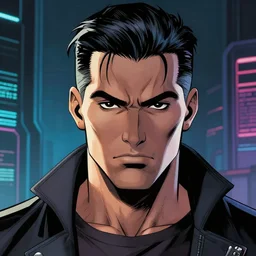 a mafia boss with slicked back hair, in a cyberpunk setting, comic book art, art by stan lee, pen drawing, inked, black and white, dark, moody, dramatic, deep shadows, marvel comics, dc comics