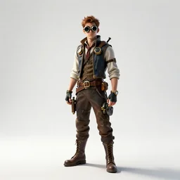 young steampunk inventor with goggles, cinematic studio photo, full body, standing, isolated on a pure white background, centered, whole figure in frame, sharp focus, studio lighting