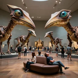 wide - shot photo of museum visitors looking at alien eldritch eyes beaks giant extinct creatures by shaun tan, at the sitting couch, codachrome, 8 k, hd, highly detailed,