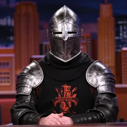 host of a late night talk show who wears a medieval knight's helmet