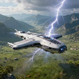Futuristic spaceship flying above a grassy valley with gorgeous mountain range in the background, view from above, cinematic, dramatic volumetric lightning, epic composition, 8K Ultra HD, high detail, Octane render