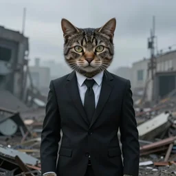 darksynth portrait anthropomorphic cat, wearing black business suit, post apocalyptic cinematic photorealistic background, still