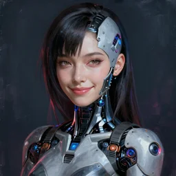 portrait painting of a female japanese cyberpunk android, beautiful, smirk, unreal render, cinematic lighting, art 1 9 2 0 period drama by bussiere rutkowski andreas rocha