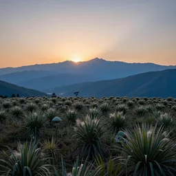 the sunrise reveals what's beyond the blue mountains of Yavin 5, Alien flora stretches hundreds of miles, landscape photography 4k