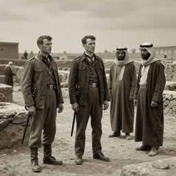 ultra detailed photorealistic sepia - toned photo from 1 9 1 7, three clean - shaven british soldiers standing with two bedouin traders in traditional arab garb, at an archaeological dig site, ultra realistic, painted, intricate details, lovecraft, atmospheric, dark, horror, brooding, highly detailed, by clyde caldwell