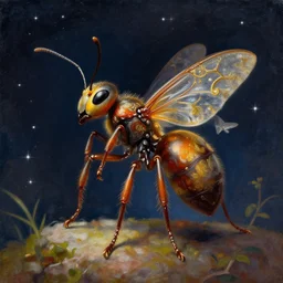 A painting of an anthropomorphic an ornate ant queen standing on her hind legs, stars in the background,  formian pathfinder,  digital art 4k,  Wayne Barlowe Greg Rutkowski