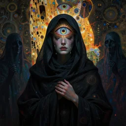 The Mourner's Hood by Karol Bak, Jean Deville, Gustav Klimt, and Vincent Van Gogh, mystic eye, otherworldly, portrait of a faceless hooded figure, shroud, dark drapery, shadowy figures, ghosts, tears, crying, fractal structures, arcane, inferno, inscribed runes, infernal relics, ornate gilded medieval icon, third eye, spirals
