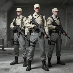 pale undead security guard officers in beige uniform and caps with background brutalist concrete interior trending on artstation digital painting highly detailed gray pants 4 k 8 k holding bullpups hd by greg rutkowski