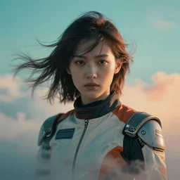 symmetry!!! closeup portrait! of a samurai cyborg girl, racer jumpsuit, in clouds, cinematic light, windy, teal orange, volumetric smoke, by gerald brom, by mikhail vrubel, by peter elson, muted colors, extreme detail, trending on artstation, 8 k