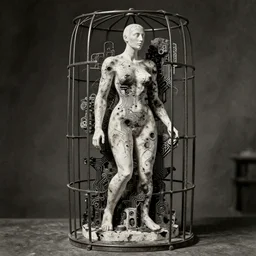 extreme harsh lighting antique photograph of biomorphic surreal sculpture of a curvaceous standing figure of a traitor to humanity in an steel cage, made of plaster and old circuitry and stained with charcoal and sumi ink, fractal 3 d structure, sculpted by alexander rodchenko and eva hesse, photographed by francesca woodman, tragic grainy shallow depth of field high contrast shocking detail trending on artstation 8 k