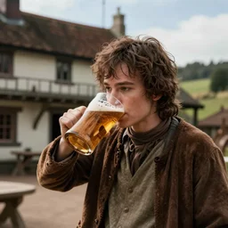 Frodo drinking a pint from a wooden mug at the Prancing Pony Inn