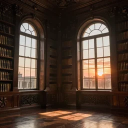 the eldritch Library of ancient lore, interior shot, dark wood, classical architecture, sunset light streaming through high windows
