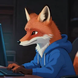 a closeup profile shot of an anthropomorphic fox in a blue hoodie sitting in front of the computer, dark tones, concept art, digital art, highly detailed, anime, by hayao miyazaki