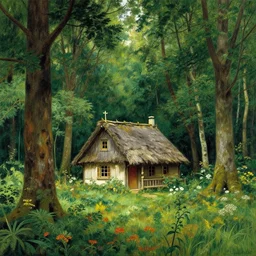 witch cottage in the forest, lush forest art by norman rockwell, wide angle