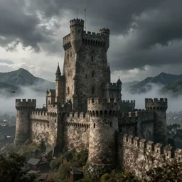 medieval castle, high city walls, in the background are far away mountains, stormy weather smoke, fog, trending on artstation, unreal engine 5, octane render, redshift render, 8 k, cinematic