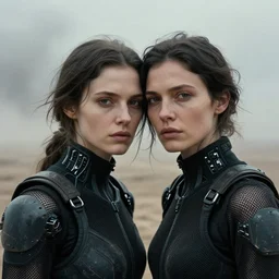cinestill 5 0 d candid photographic portrait by helen levitt of two loving female androids wearing rugged black mesh techwear on a desolate plain, extreme closeup, modern cyberpunk moody emotional cinematic, dust storm, 8 k, hd, high resolution, 3 5 mm, f / 3 2, ultra realistic faces, ex machina